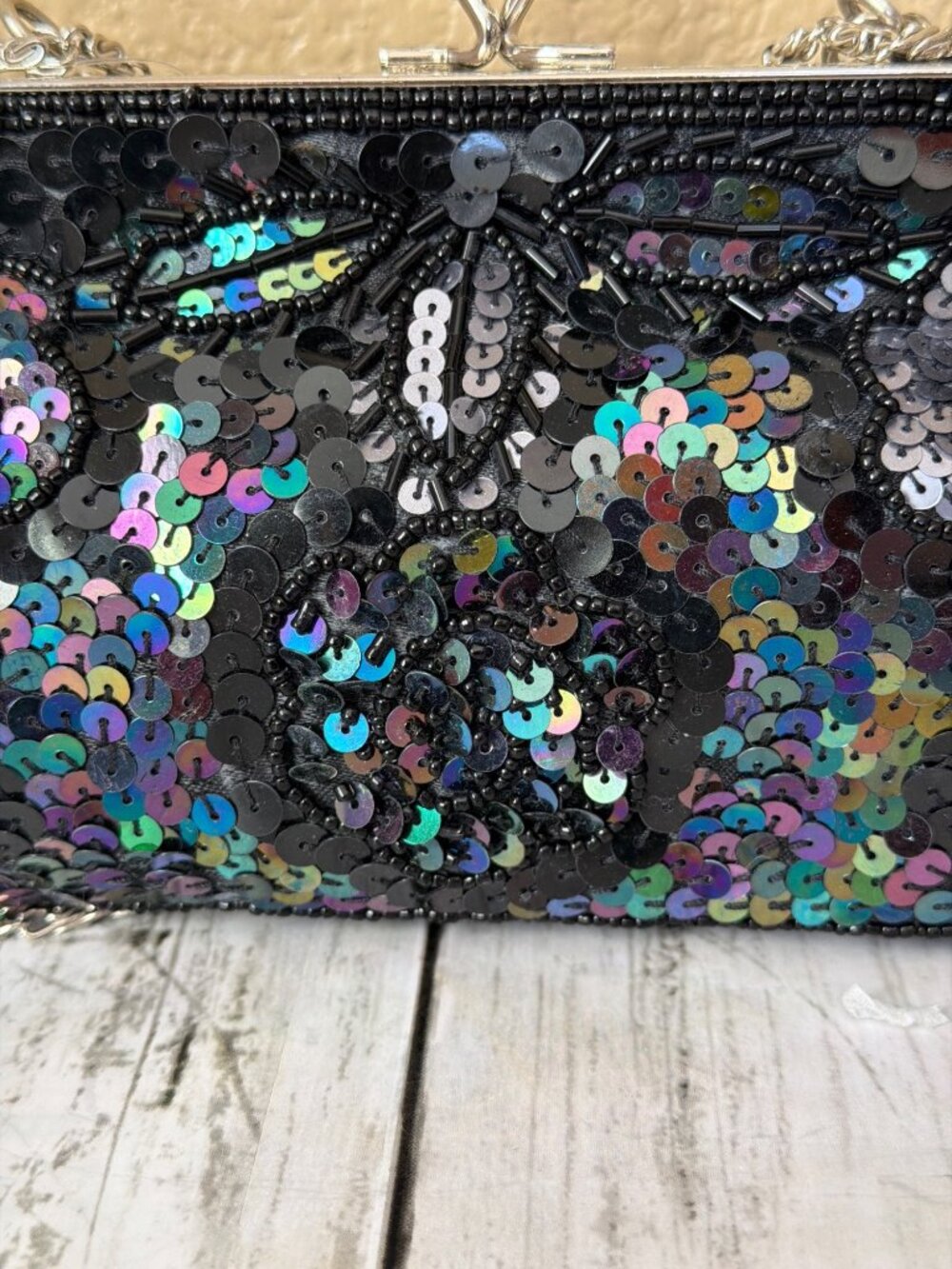 Y2K Max Mayer Black Beaded Sequin Evening Bag Clutch Kiss Lock Chain Strap NEW - Picture 13 of 14